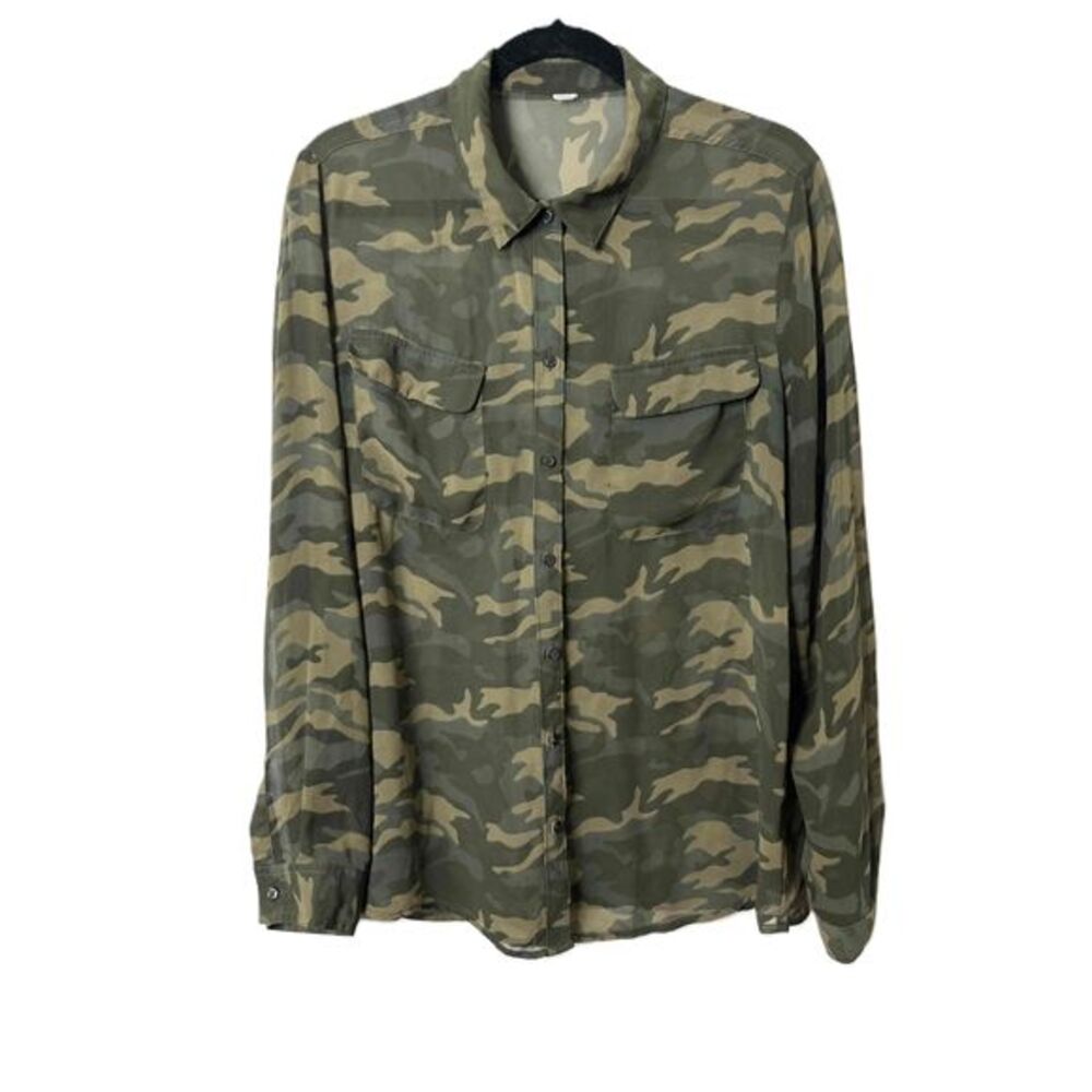 Old Navy Size Medium Olive Camouflage Button-Up Sheer Long Sleeves Blouse